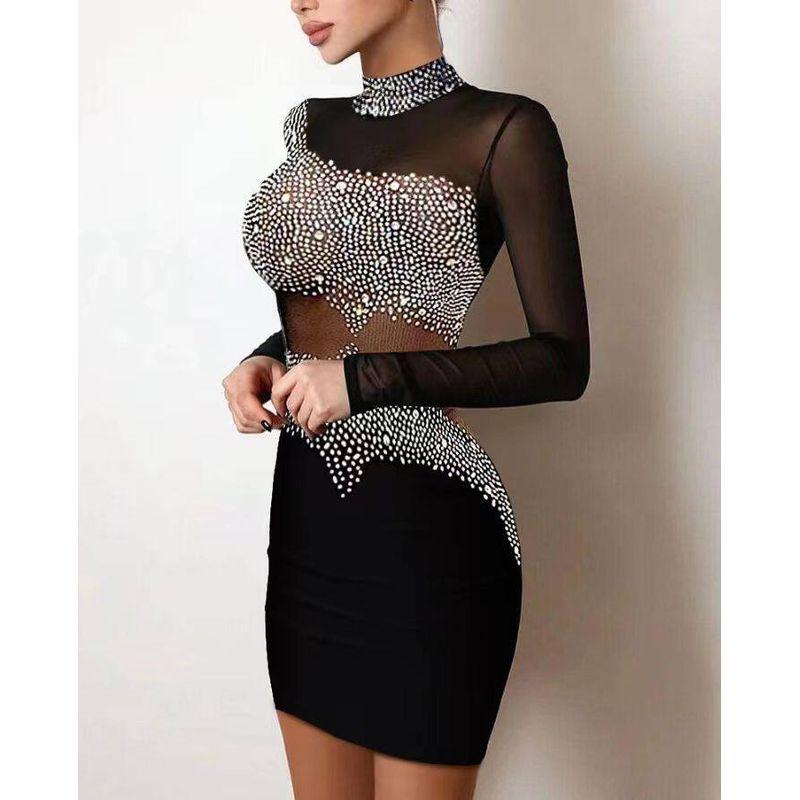 

2023 European and American Summer Patchwork Pleated Satin Lace Hollow-Out Fashion Shiny Highlights Slim-Fit Bodycon Dress Black S