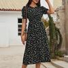Women Dresses 2025 Summer Short Sleeve O-Neck Print Black Women Dress J887