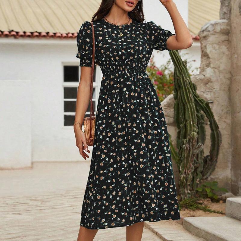 Women Dresses 2025 Summer Short Sleeve O-Neck Print Black Women Dress J887