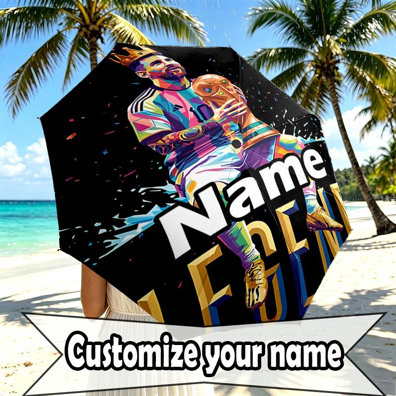 Custom Name Personalized Lionel Messi Print Umbrella, Auto Open Close, 8‑Rib Sturdy Frame, Commute Camping Hiking Use, Birthday Gift