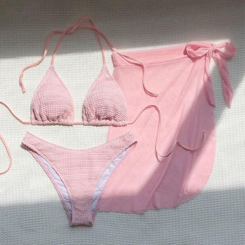 2025 Mesh Lace-Up Solid Color Bikini Set: Sexy Three-Piece Swimwear for Women