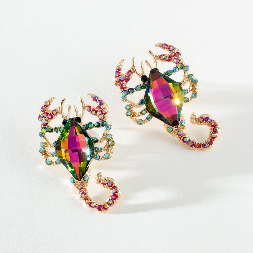Pinkdudu Fashion Multicolor Scorpion Stud Earrings Exaggerated Shiny Large Rhinestone Insect Earring for Women Jewelry PD1179