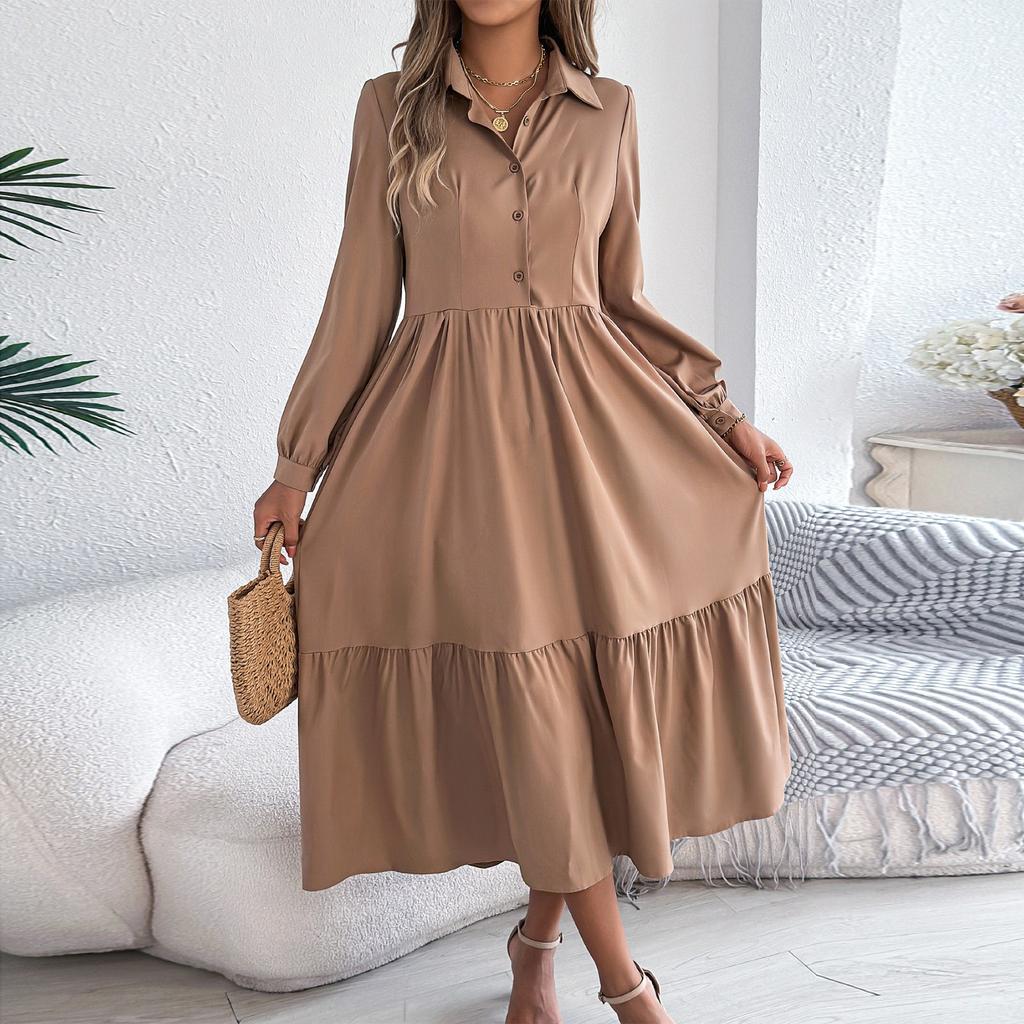 Women's Fashionable Color Lapel Button Casual Loose Long Sleeved Shirt Dress