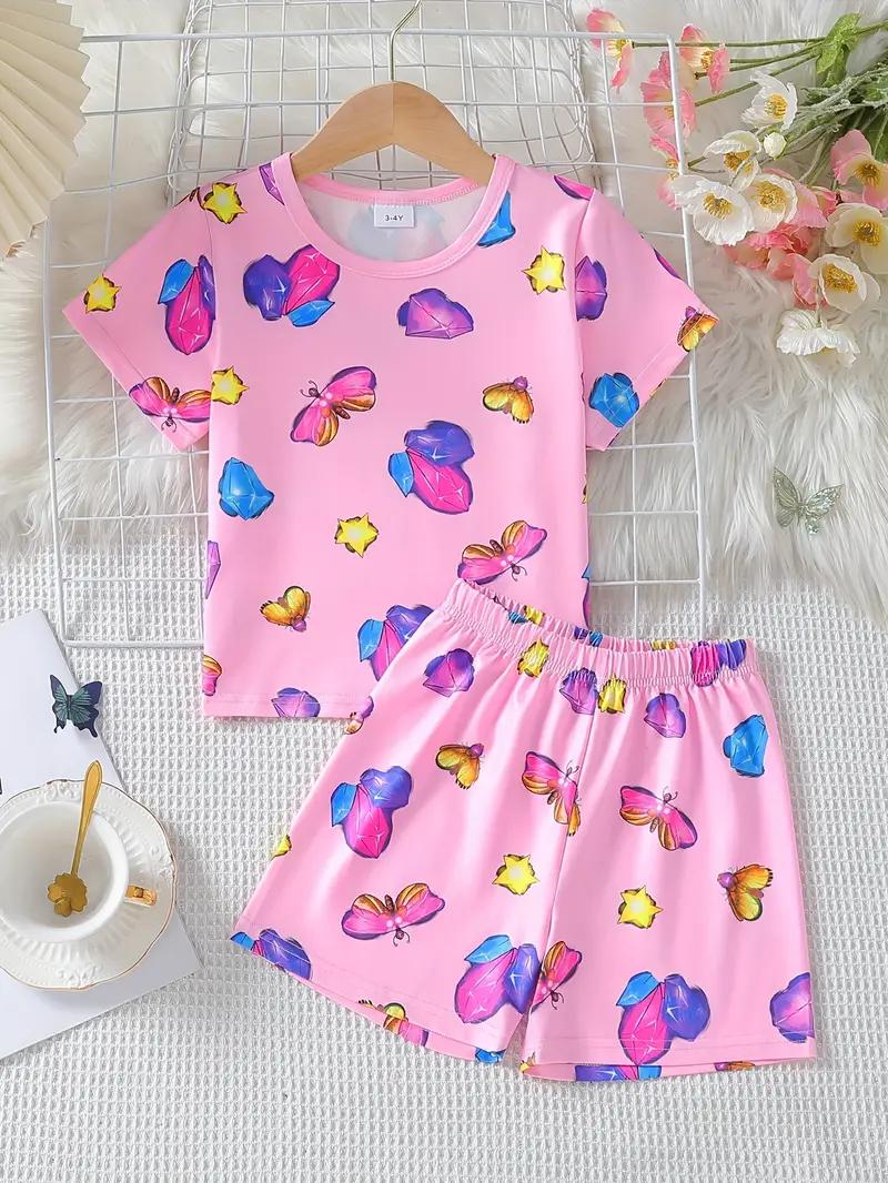 

Летние костюмы для девочек, футболка с короткими рукавами и принтом бабочки, шорты, комплект одежды из 2 предметов, милый комплект детской одежды 120