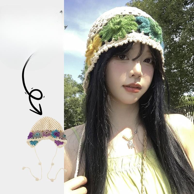 Spring and Summer Literary Colorful Flowers Hollowed Out Hat for Women Japanese Sweet and Cute Fashion Handmade Wool Knit Hat