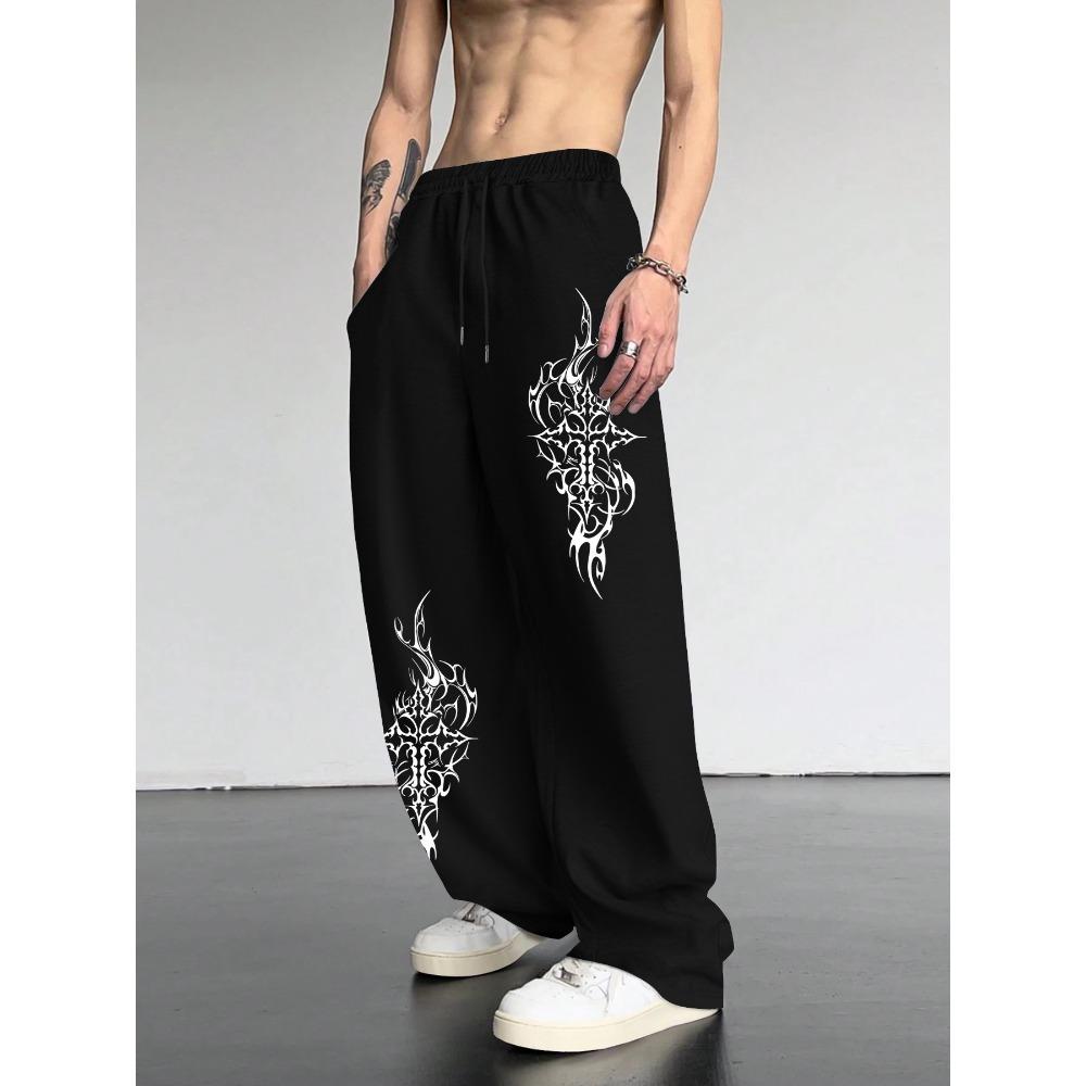 Men's Fashionable Casual Loose Wide Leg Pants with Totem Print Design, Street Hip-hop Style Hanging Sports Pants, Casual Outdoor