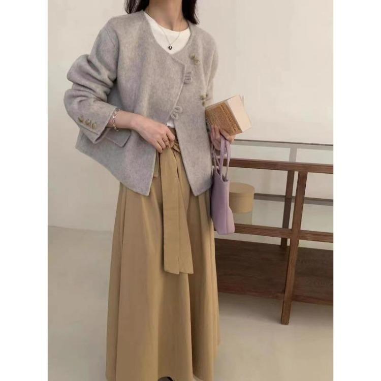 Trendy Women Short Double Sided Wool Coat New Korean Style Round Neck Small