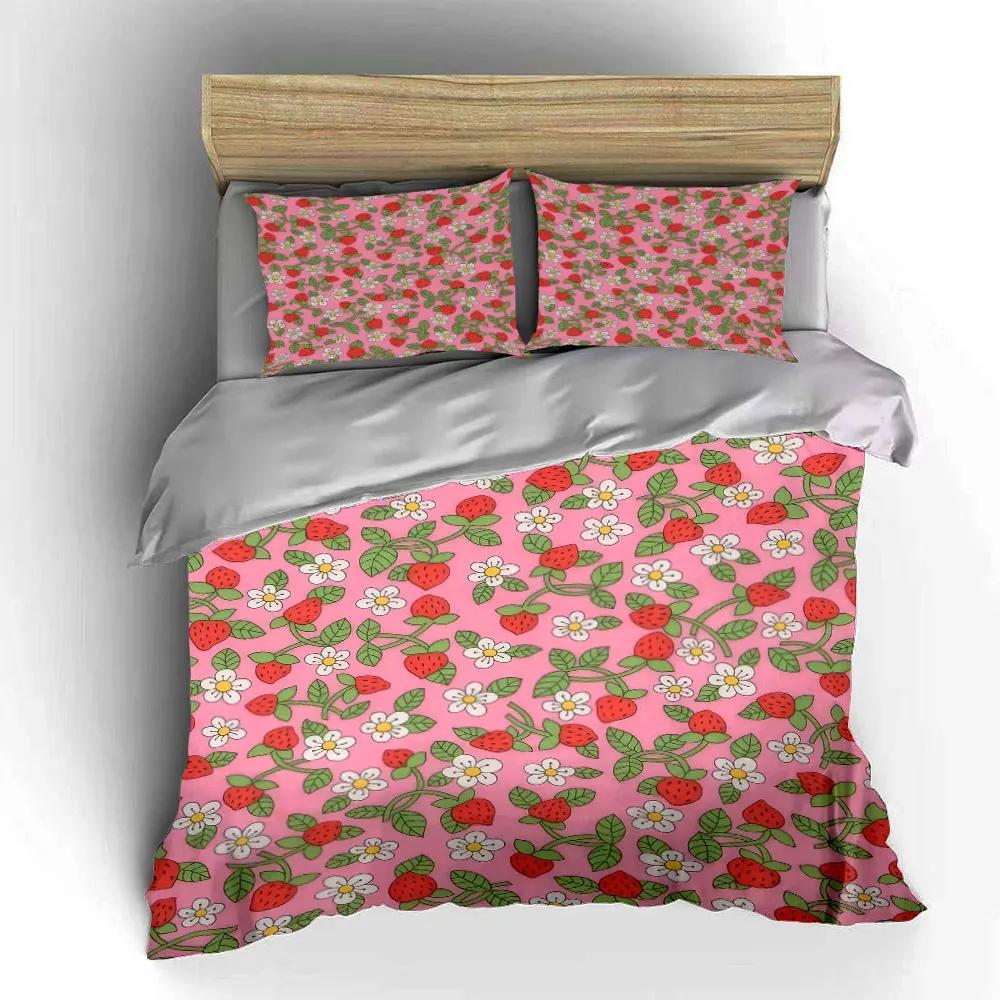 Strawberry Floral Decorative Set Soft Comfortable Duvet Cover Bedding Set Included 1*Duvet Cover & 2*Pillowcases gift