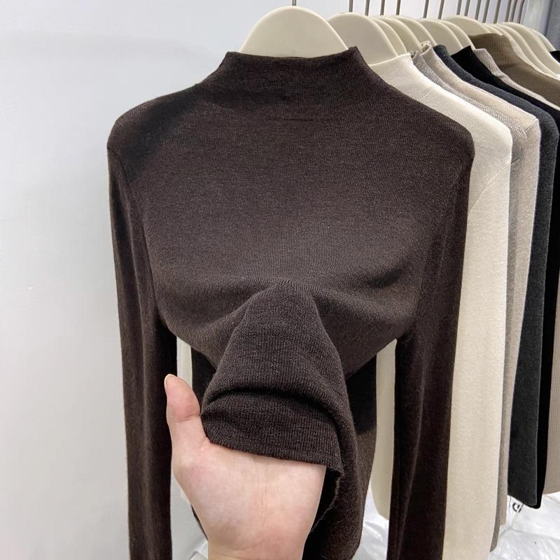 Semi-turtleneck Spring and Autumn Soft Waxy Thin Bottoming Shirt Women's New Slim-fitting Mid-neck Knitted Sweater with Top Inside