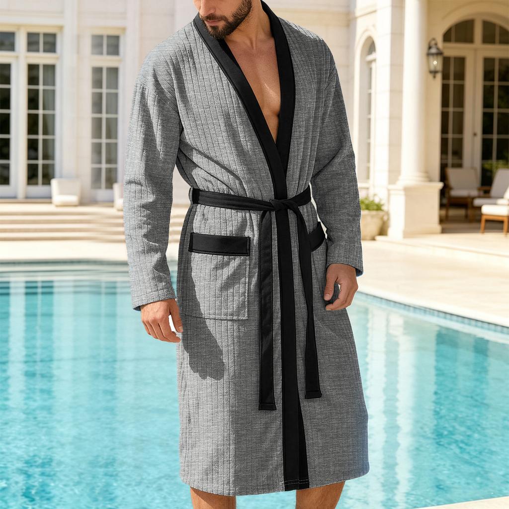 Bata Kimono de Manga Larga para Hombre con Ribete Tejido Suave y Ligero Bata de Baño con Cinturón y Bolsillos para Spa en Casa