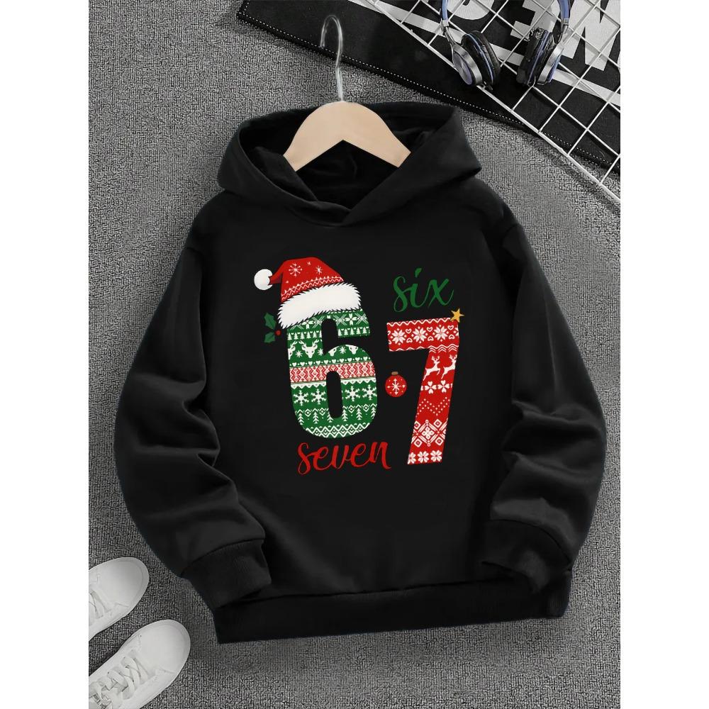 

Весняно-осінній однотонний повсякденний модний різдвяний #67 чорний худі для хлопчиків, з мультяшним принтом Six Seven, підходить для щоденного носіння 100