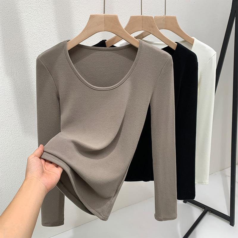

Рубашка с резьбой по низу женская 2025 новая женская одежда тонкая футболка с U-образным вырезом и длинным рукавом тонкий внутренний темперамент приталенный топ XL