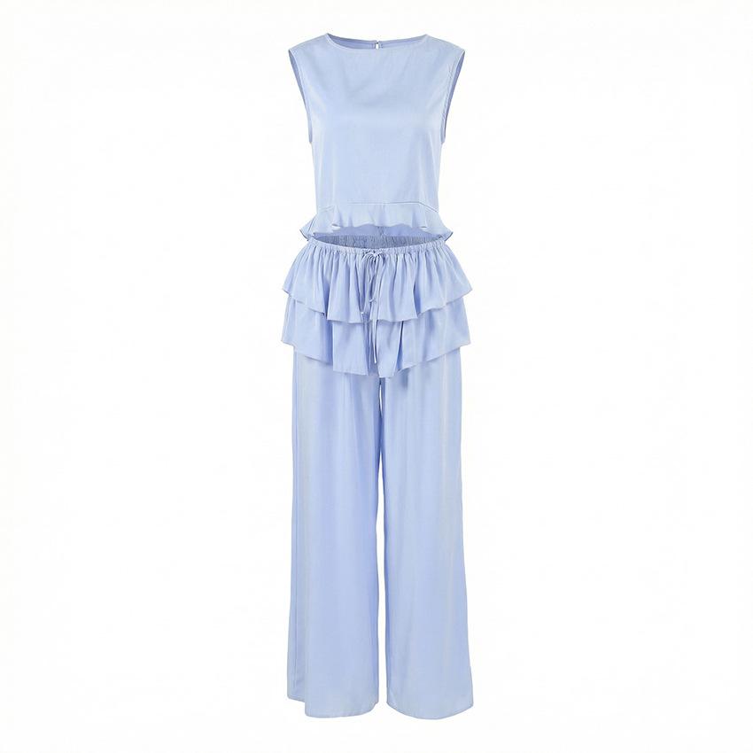 1116 Summer Women's Clothing Set Small and Fresh Design Fungus Edge Sleeveless Vest Splicing Straight Pants Two-piece Set