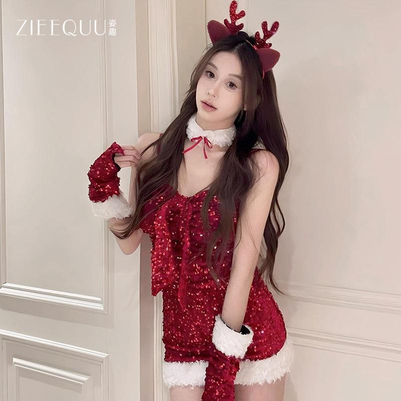 Sexy new year's day christmas uniform sexy lingerie velvet nightdress cosplay new c robe suit