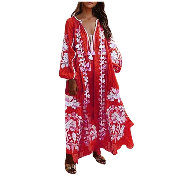 Bohemian Style Long Sleeve V Neck Dress Women Fashion Casual Long Dresses