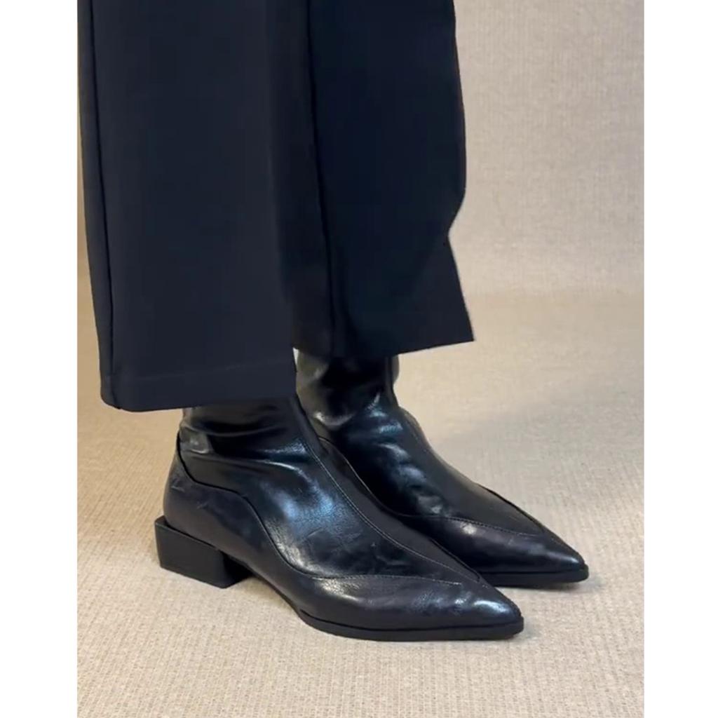 Schafsleder~ Französische spitze Stiefeletten Damen 2025 neue Pendler dicker Absatz dünne Stiefel super angesagt Herbst Chelsea Boots