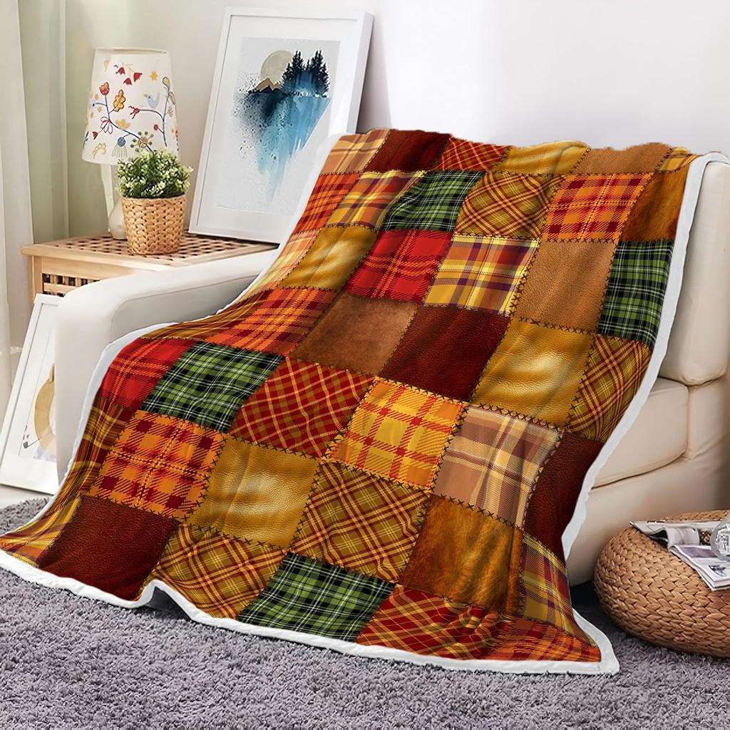 JAWO Fall Throw Blanket, Autumn Orange Plaid Fall Farmhouse Thanksgiving Cozy Bed Couch Blanket, Soft Comfy Fleece Flannel Throws Blankets Livingroom