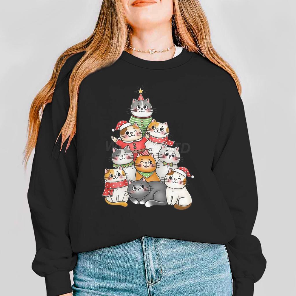 Damen Katze Kawaii Cartoon Sweatshirt Frohe Weihnachten Niedliche Tier-Pullover Lange Ärmel Meowy Christmas Cartoon Kapuzenshirt