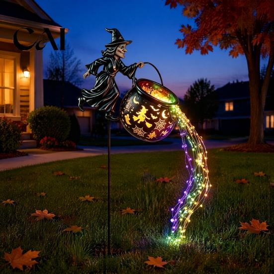 Dynamic LED Swirling Brew Light Halloween Witch Cauldron Yard Light, Flying Silhouette Garden Stake with Colorful Glowing Art for LED, Spooky Outdoor