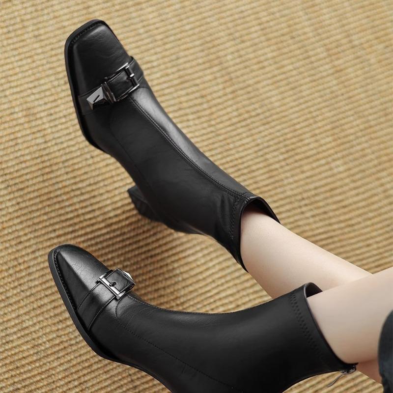 Осенне-зимние винтажные модные женские квадратные короткие сапоги из коровьей кожи — фото 4