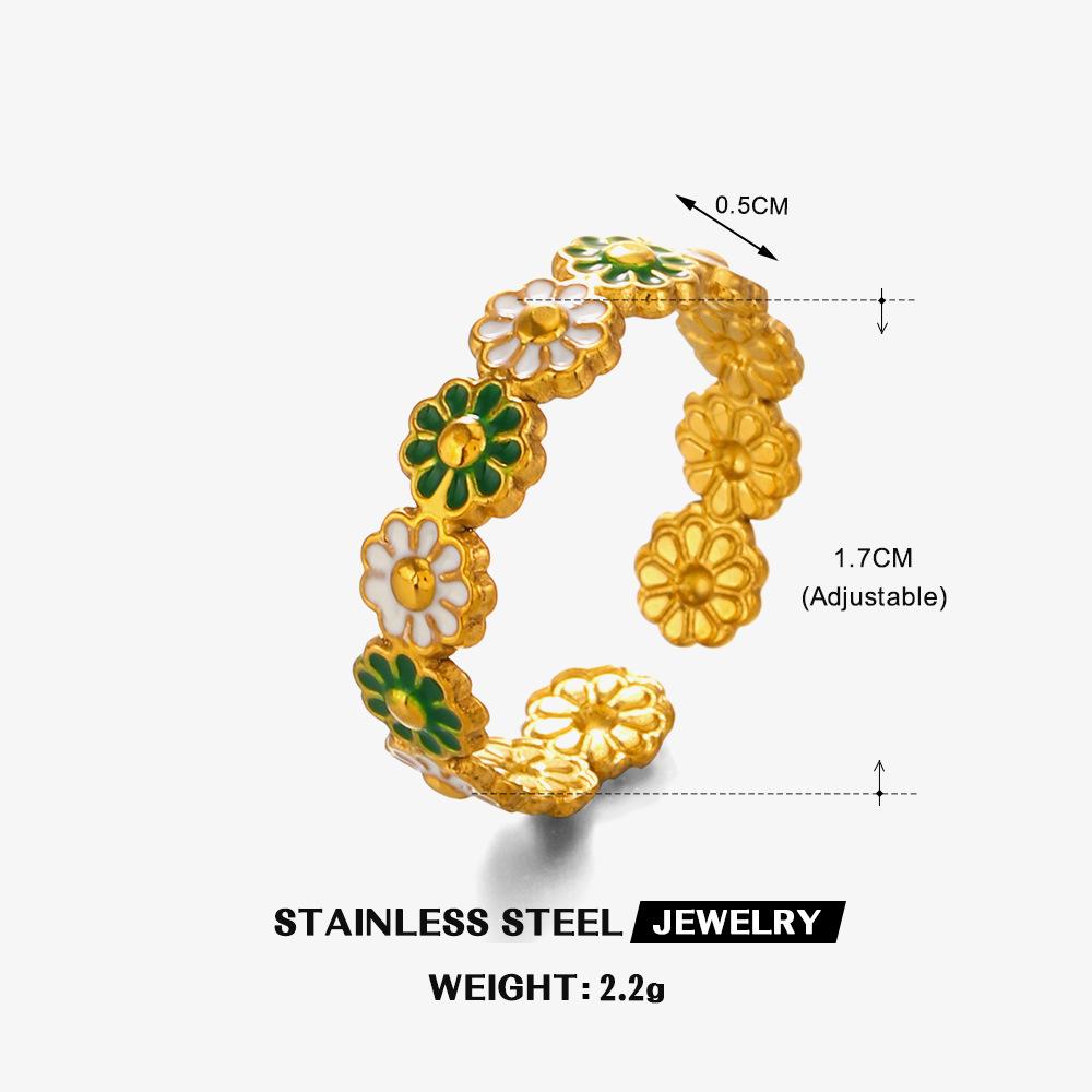 Stainless Steel Enamel Flower Open Ring Steel Gold Color Trendy Minimalist Open Rings Women Zircon Birthday Gift Wholesale Open
