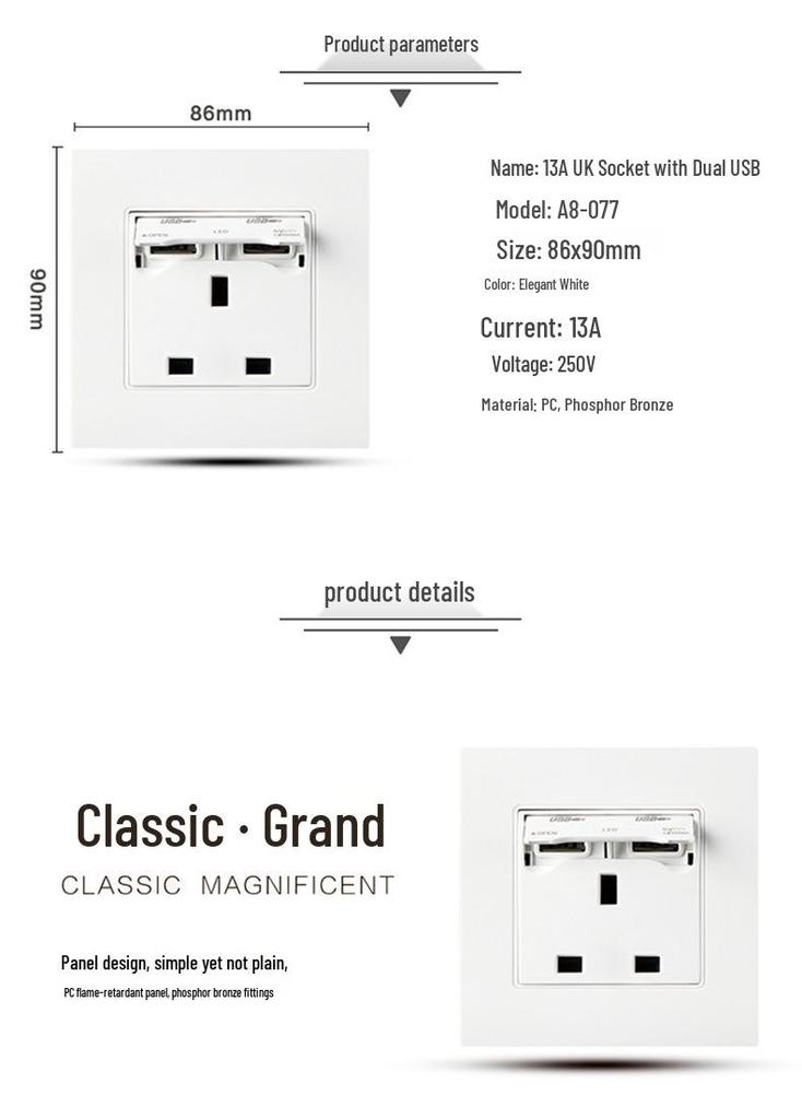 86 Type British Standard 13A Wall Socket with Dual USB Charging Ports