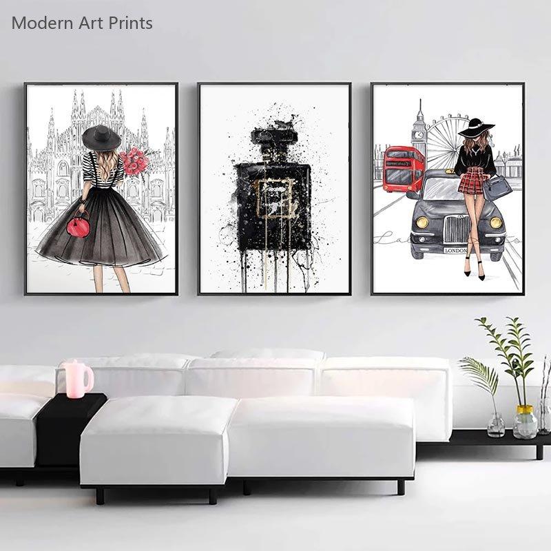 Fashion Paris Grils Canvas Poster Modern Wall Art Posters New York London Perfume Pictures Print Painting For Living Room Decor