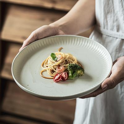 Retro Style Simple Ceramic Dish Household Plate Creative Relief Western Food Light Luxury Tableware Solid Color Steak Plate