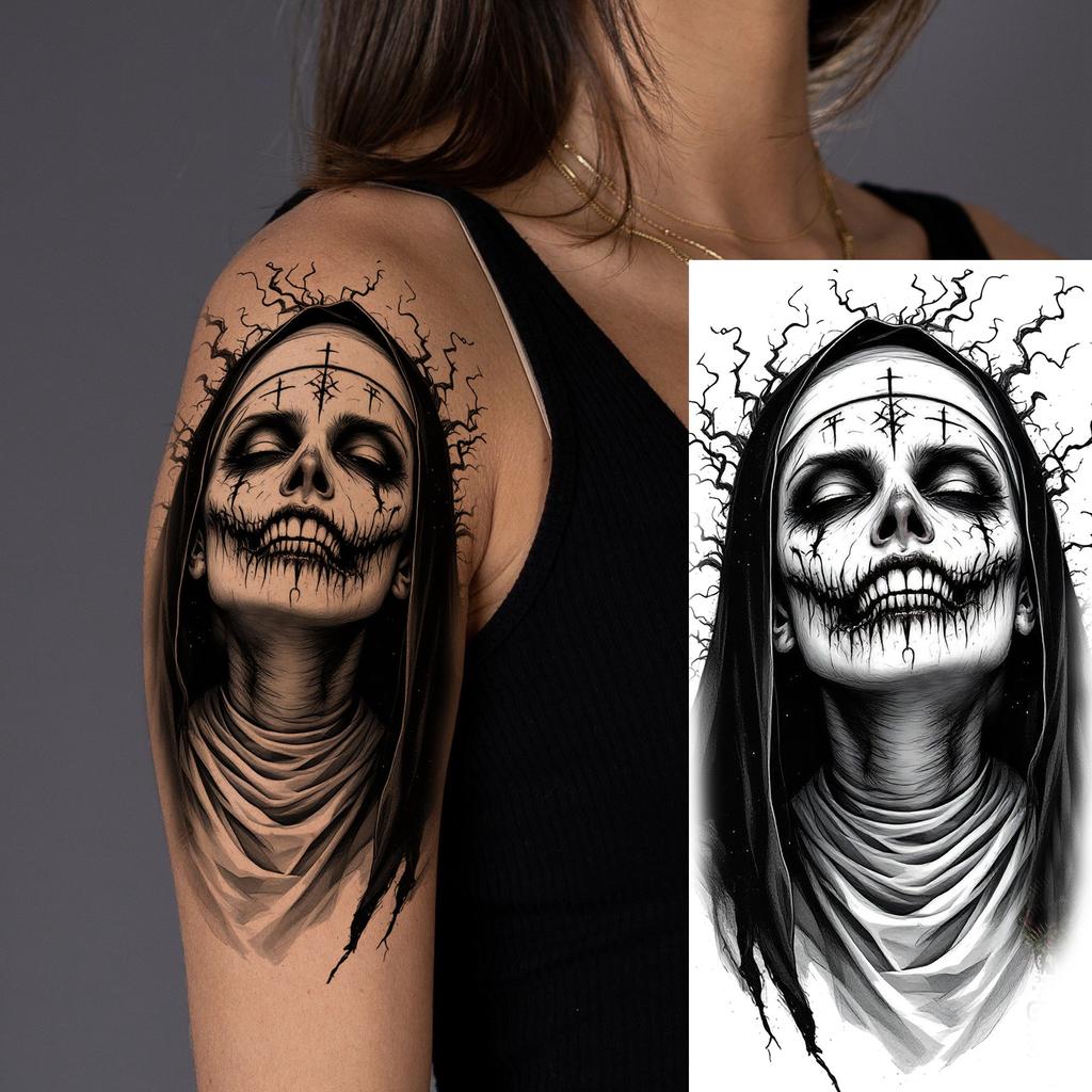 1 Sheet Evil Witch Zombie Vampire Temporary Tattoos For Men Women Adults Halloween Long Lasting Waterproof Fake Tattoo Sticker