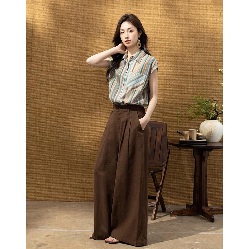Demana Women's Urban Retro Striped Pure Cotton Lapel Short Sleeve Shirt