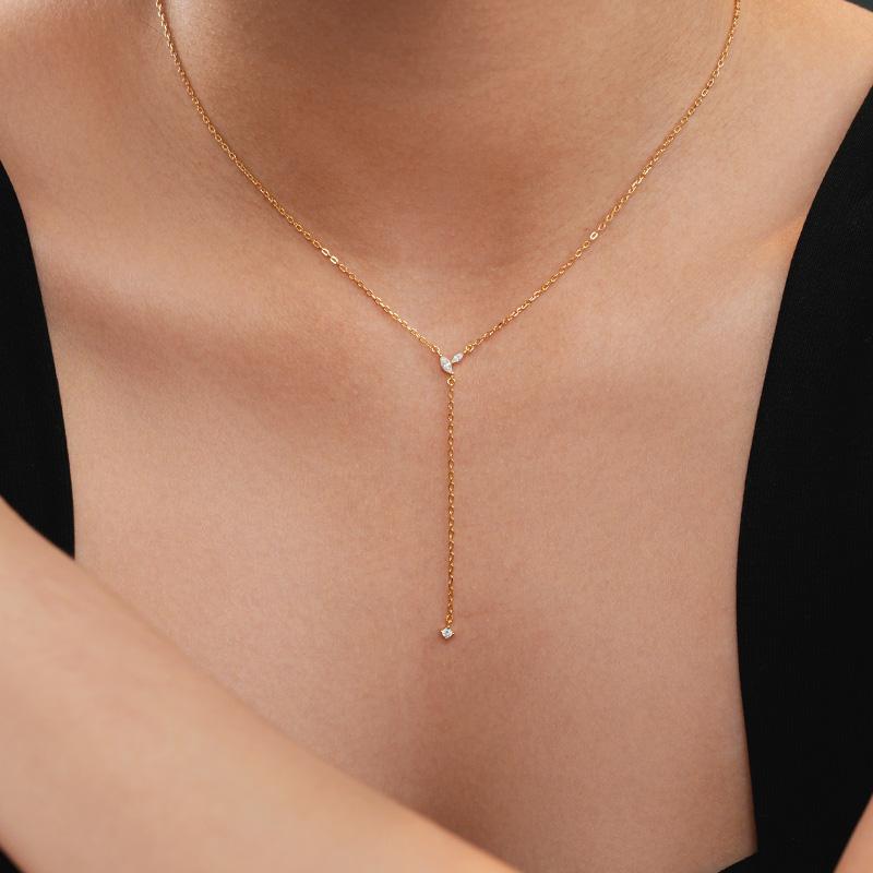 925 Sterling Silver Marquise Zircon Four Leaf Clover Lariat Y Long Tassel Chain Necklace