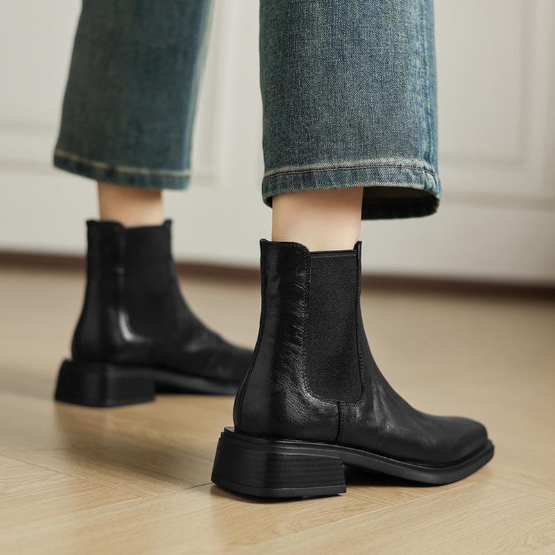 Fashion NEW Autumn Women Boots Genuine Leather Shoes for Women Square Toe Chunky Heel Shoes Slip-on Modern Boots Concise Daily Shoes