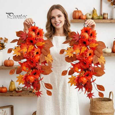 Autumnal Wall Decor for Living Room Artificial Maple Leaf Garland, Autumn Pumpkin Rattan Wreath Farmhouse Style Thanksgiving Gift Decor, Harvest