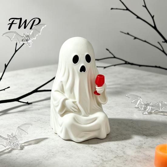 Ghost Decor for Halloween 3D Printed Figurine with Wine Glass, Funny Desktop Exquisite PLA Resin Crafts Statue, Novelty Tabletop Ornament Party Prank