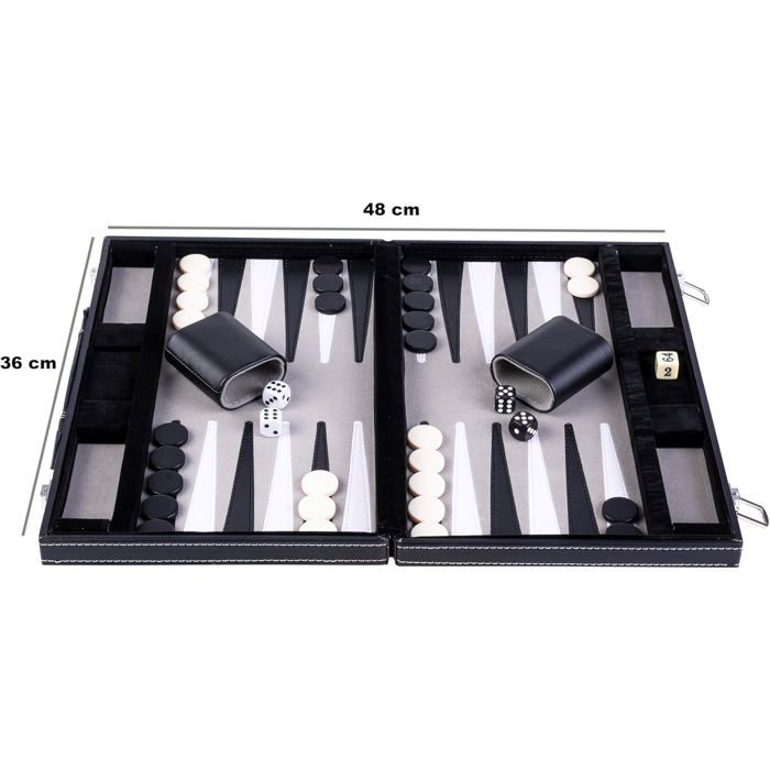 Backgammon 15"; 38 cm, dans Une Valise, Feutre et Simili Cuir surpiqués (Noir/Blanc/Gris)