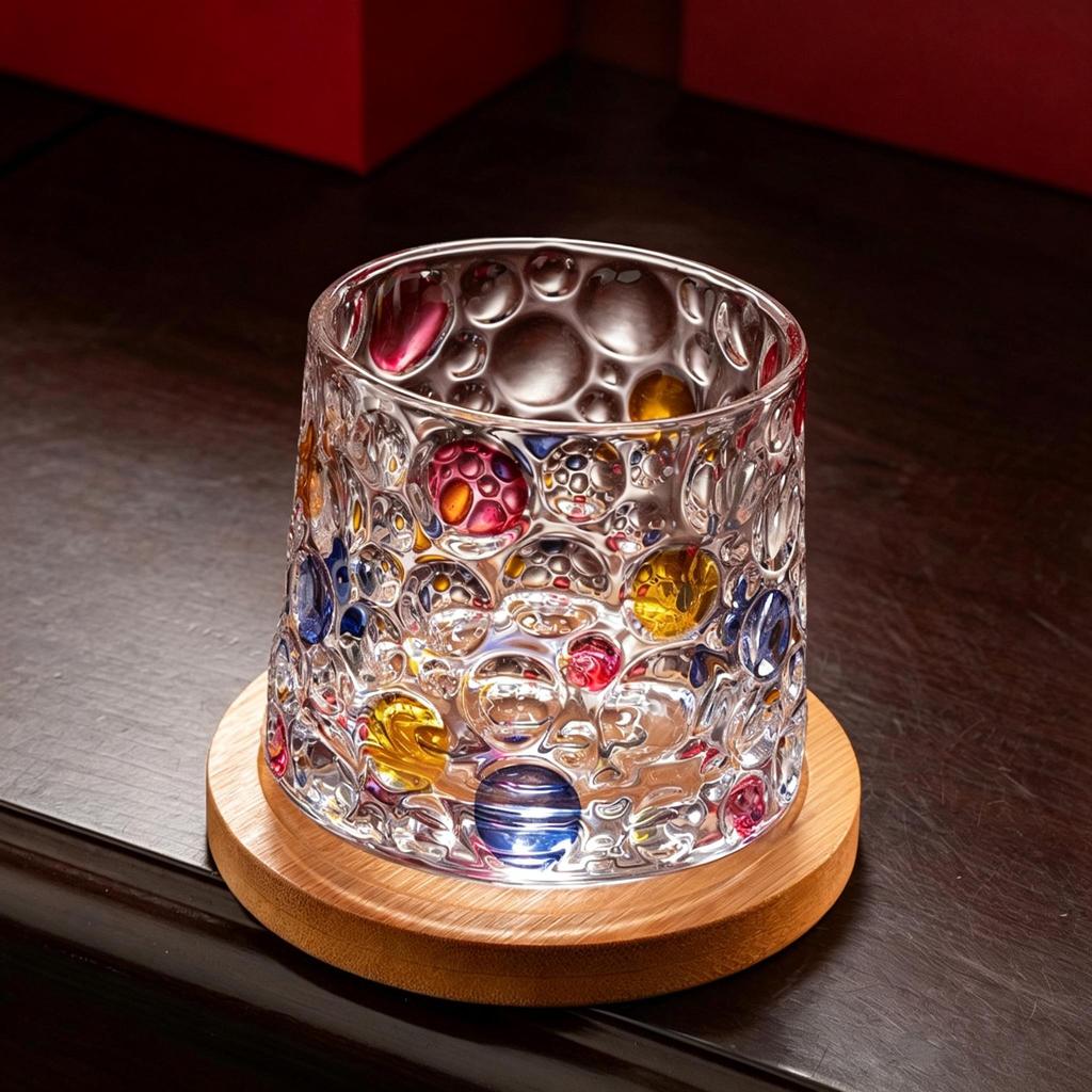 Colorful Hand-Painted Crystal Whiskey Glass, Vintage Embossed Tumbler for Bar & Home