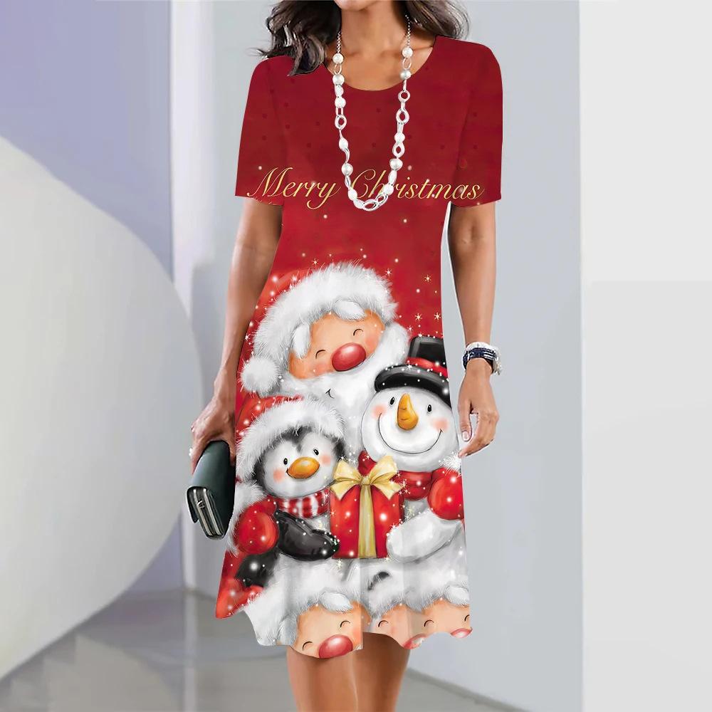 Summer Fashionable Creativity Women Loose Large Round Neck Casual Comfortable Versatile Christmas Series Santa Claus 3D Printed Dresses
