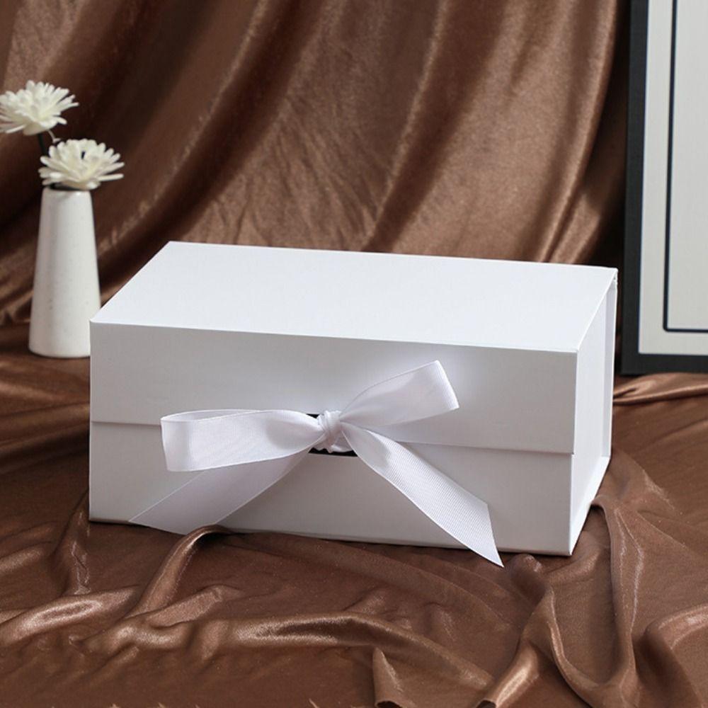 Pure Color Gift Box One-Piece Design Flip Cover Cardboard Folding Box Ribbon Decoration Foldable Gift Packaging Birthday