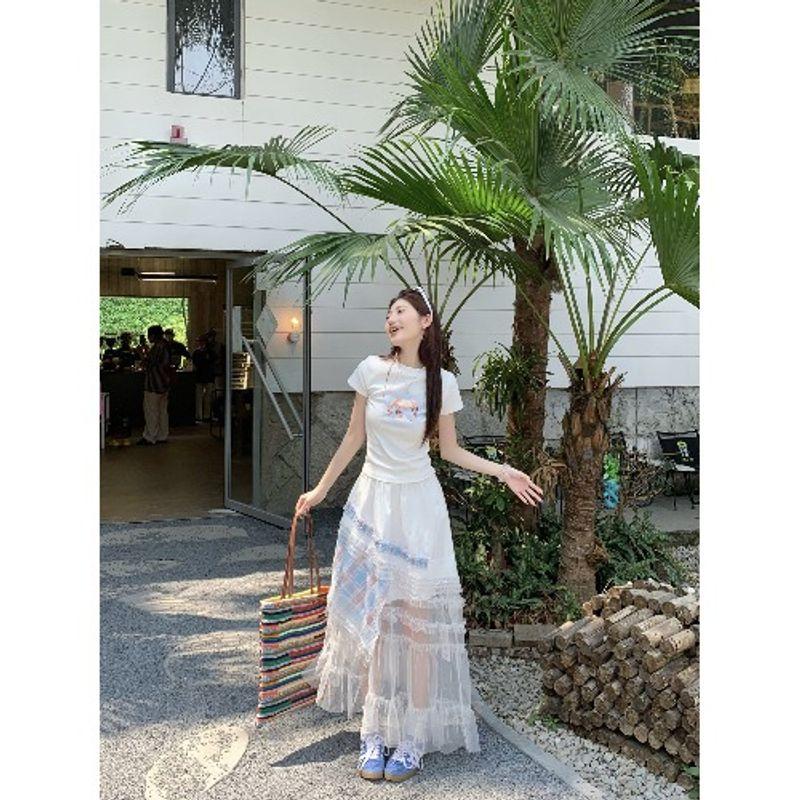 

Kumikumi Sweet Style Set Waist Hugging Slimming Short sleeve T-shirt Women Summer High Waist All-Match Skirt Two-piece Set White T L