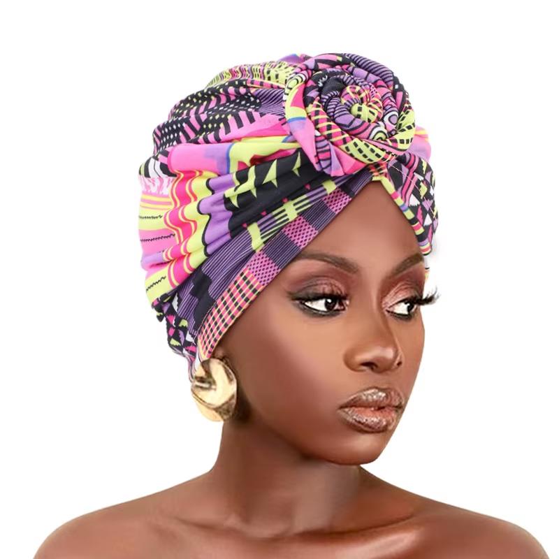 New Women African Print Pleated Turban Knotted Headwraps Elastic Head Scarf Floral Beanie Chemo Cap Bandana Headwear Hair Covers