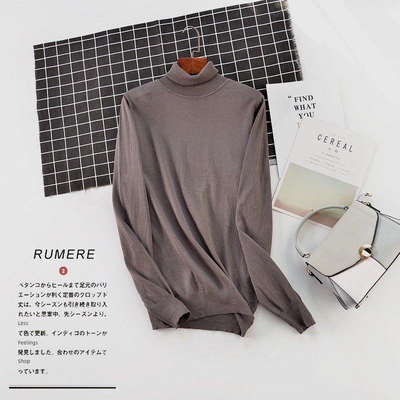

Wood Tencel Knitting Turtleneck Long Sleeves Base Clothing Fashion Plus Size Female Spring and Autumn Leisure Tops Multicolor Comfortable Plaid 2 Army Gray S