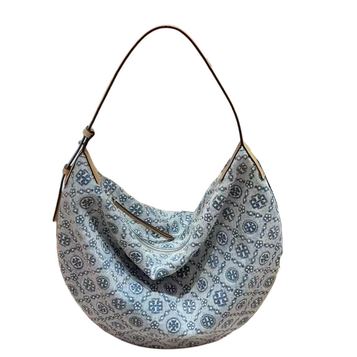 

Tory Burch T Monogram Brand Embossed Micro Logo Fabric Crescent Bag Women handbags Powder-Blue 169127-400 Basic Set (Bag+Dust Bag)