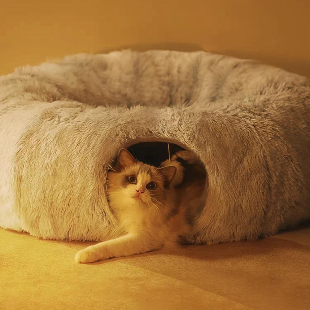 2 In 1 Round Cat Beds House Funny Cat Tunnel Toy Soft Long Plush Dog Bed Kittens Bed Mat Kennel Deep Sleep Winter Pets Cat Nest