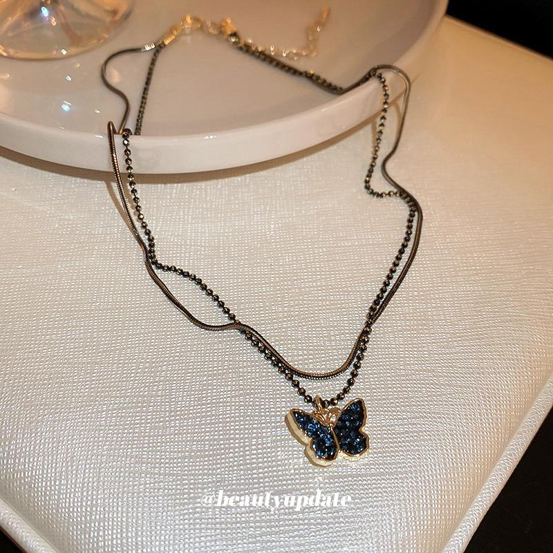 Black Double Butterfly Necklace Spice Girl Sweet Cool Wind Personality Collarbone Chain Versatile Necklace Female