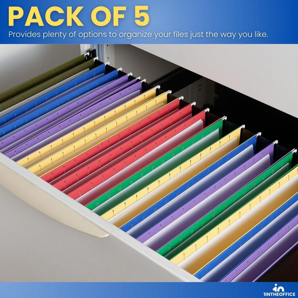 1InTheOffice Poly Expanding Hanging File Folders Letter Size, Hanging File Pocket, File Cabinet Dividers, Assorted, 5/Pack