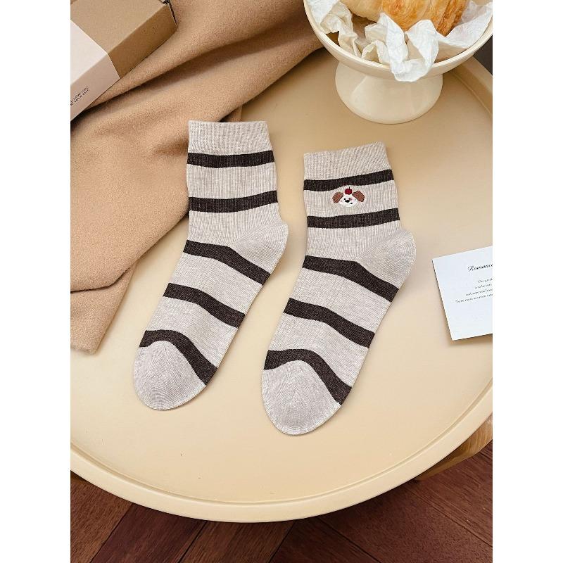 Ladies Autumn Winter Cotton Cute Cartoon Puppy Striped Curled Edge Double Mouth in Color Contrast Tube Socks