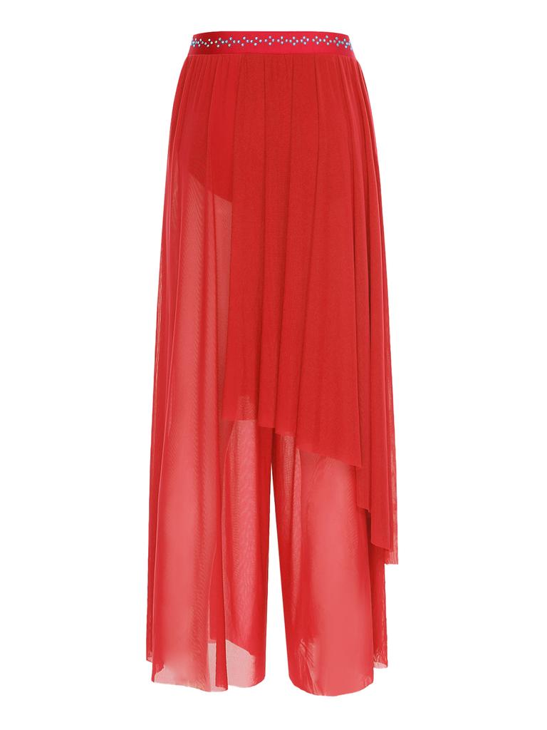 Damen Lyrisches Tanz Performance Set S-XXL: Asymmetrisches Crop-Top mit einem Ärmel, Strasssteinen & locker sitzende Überwurfhose