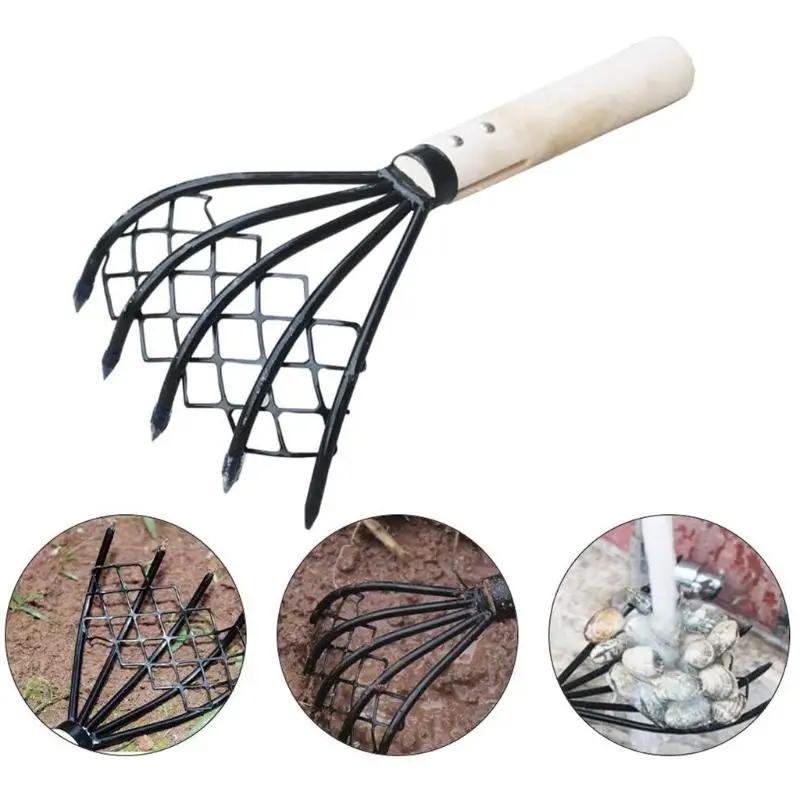 1PC Sturdy Compact Claw Rake with Mesh Net 5-Tine Clamming Claws Long Handled for Shell Clam Digger 15 Inch Hand Rake