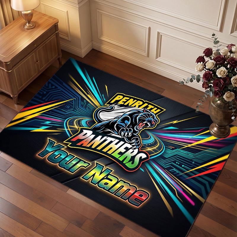 Penrith Panthers Personalisierter Kristall-Samt-Teppich, Benutzerdefinierter Name Text Weicher Anti-Rutsch-Teppich für Wohnzimmer Schlafzimmer