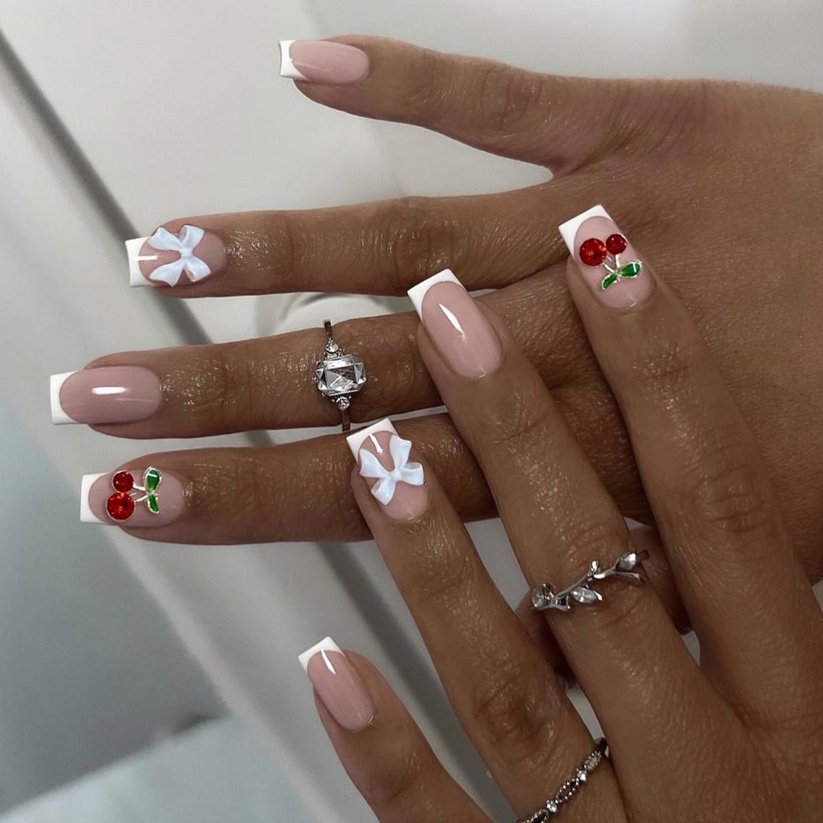 

Wearable 3D Bow French Tip Nails with Red Cherry Design
